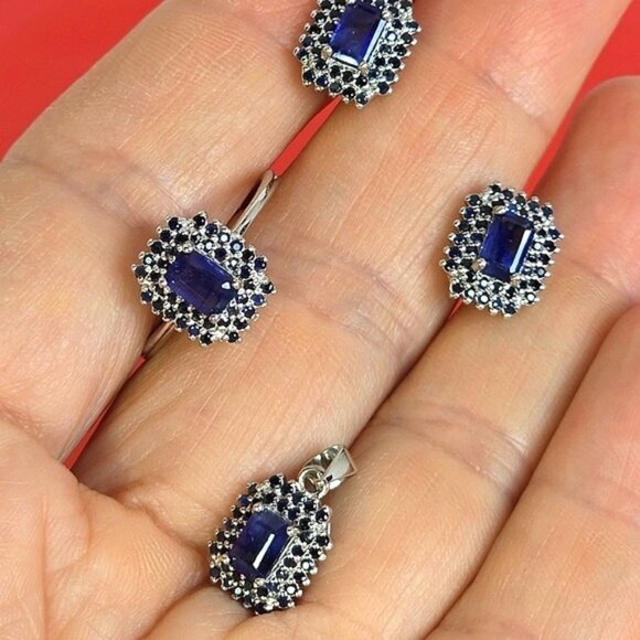 Natural Sapphire set 925 Sterling Silver Earrings Pendant Ring 7.25 - Picture 5 of 8